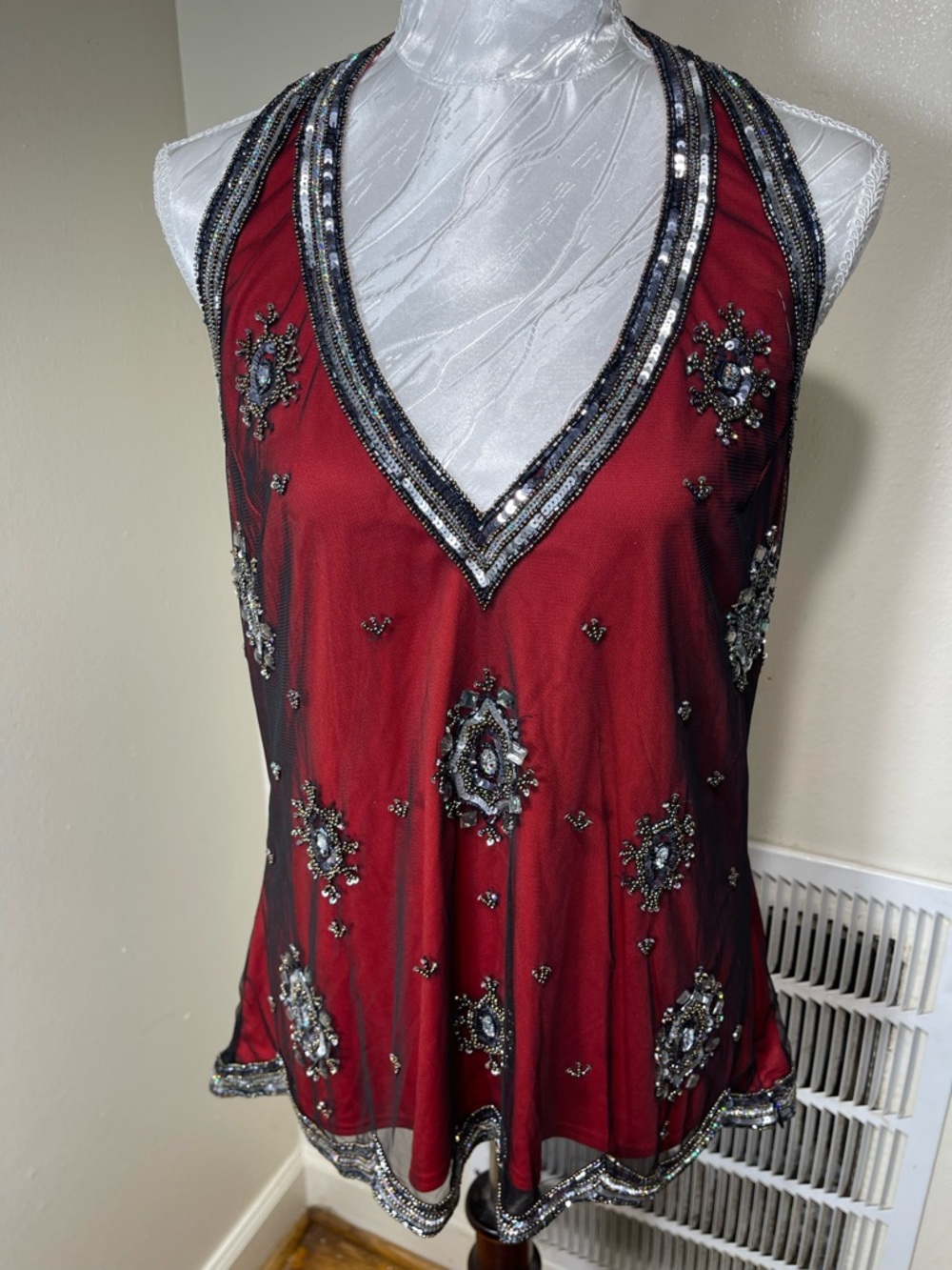 90s Vintage Red Halter Top Sequins Adrianna Papell Lace Overlay X-Large - Picture 5 of 7